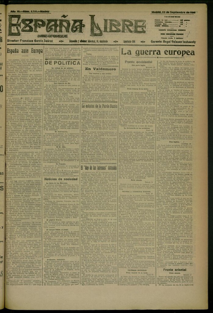 Miniatura de España Libre : Diario de la noche del 23 de septiembre de 1916, nº 1701 [sic]