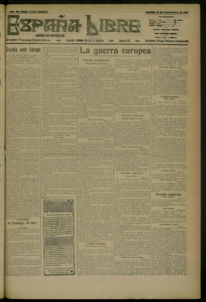 Miniatura de España Libre : Diario de la noche del 26 de septiembre de 1916, nº 1703 [sic]