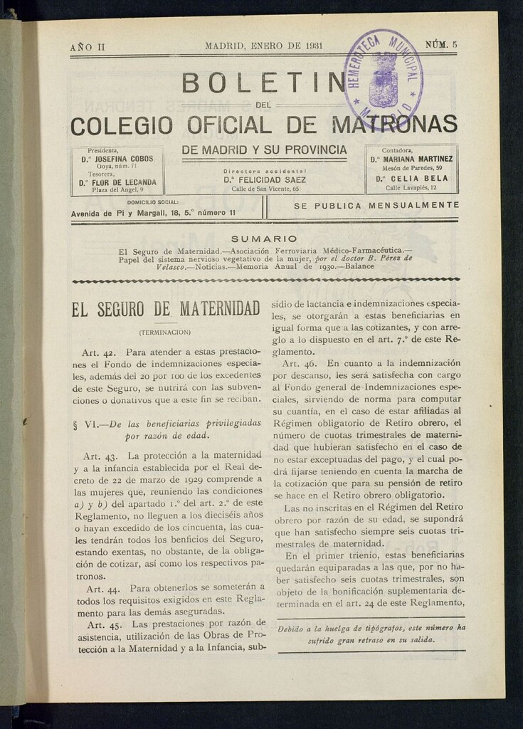 Miniatura de Boletín del Colegio Oficial de Matronas de Madrid y su Provincia de enero de 1931