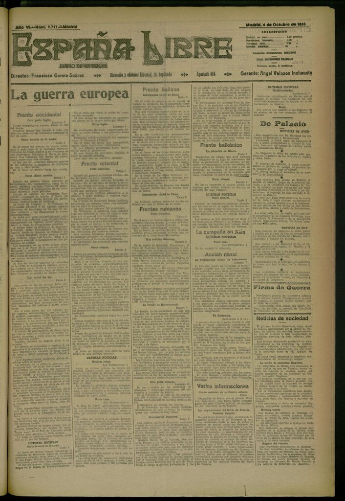 Miniatura de España Libre : Diario de la noche del 4 de octubre de 1916, nº 1717