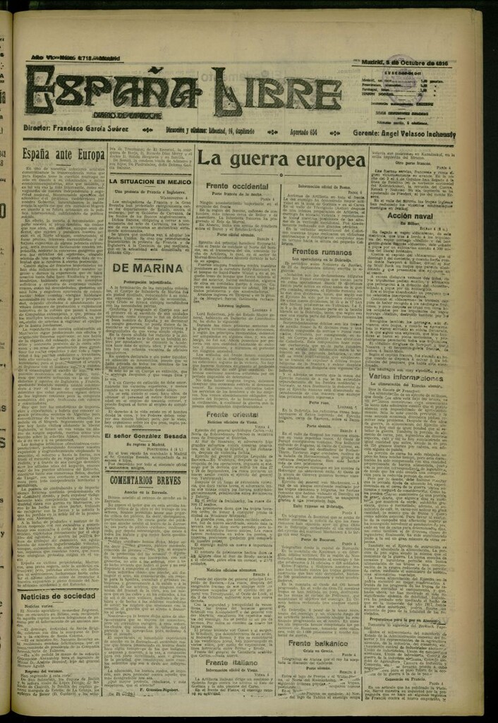 Miniatura de España Libre : Diario de la noche del 5 de octubre de 1916, nº 1718