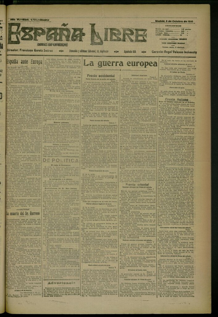 Miniatura de España Libre : Diario de la noche del 9 de octubre de 1916, nº 1721