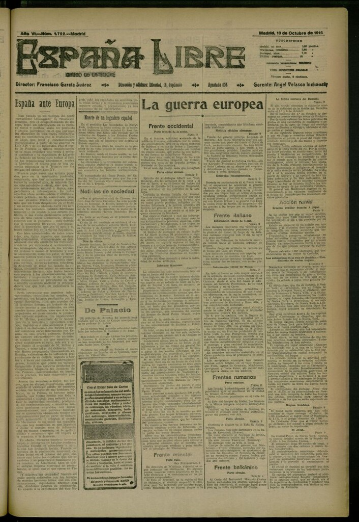 Miniatura de España Libre : Diario de la noche del 10 de octubre de 1916, nº 1722