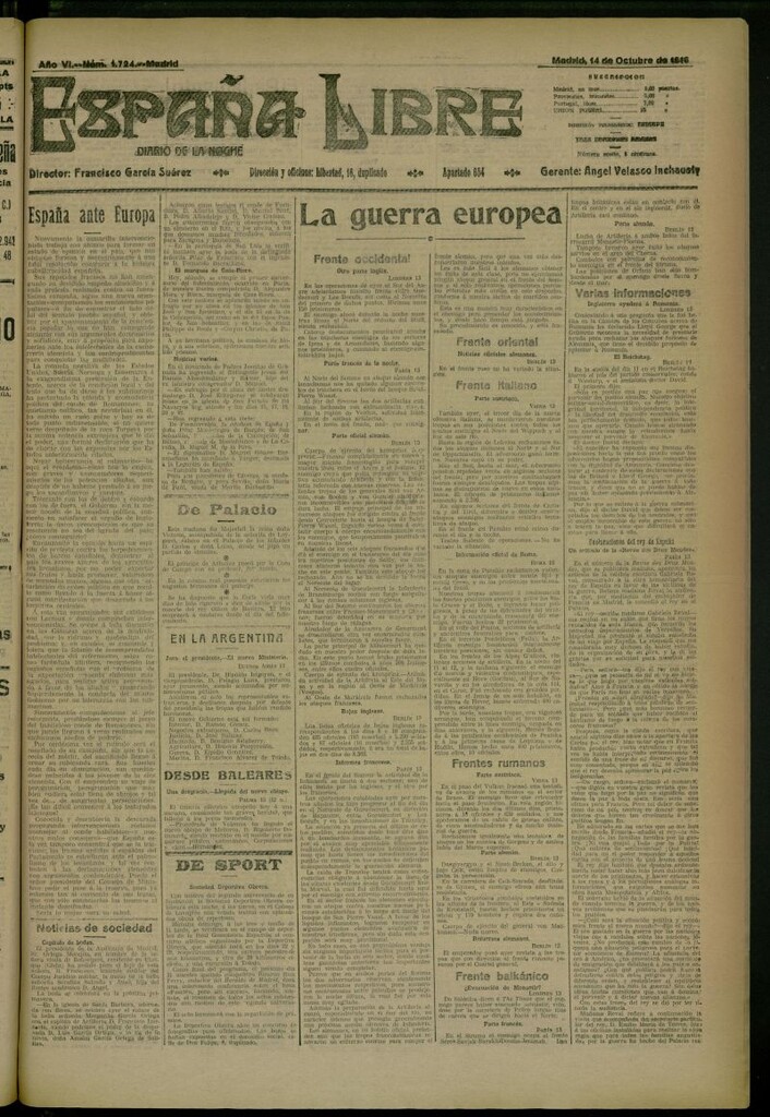 Miniatura de España Libre : Diario de la noche del 14 de octubre de 1916, nº 1724