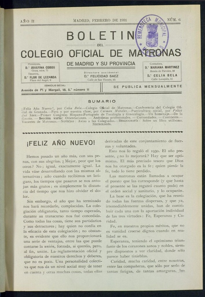 Miniatura de Boletín del Colegio Oficial de Matronas de Madrid y su Provincia de febrero de 1931