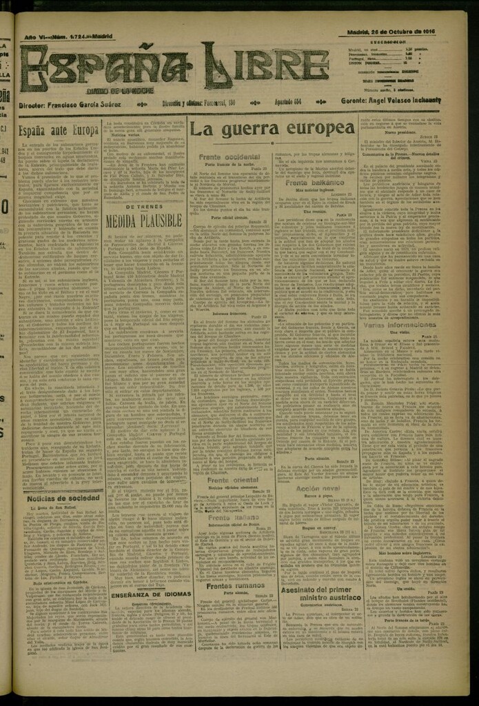 Miniatura de España Libre : Diario de la noche del 26 de octubre de 1916, nº 1724 [sic]
