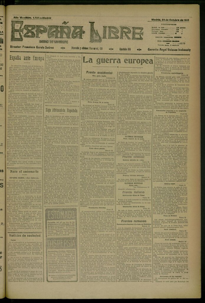Miniatura de España Libre : Diario de la noche del 25 de octubre de 1916, nº 1727