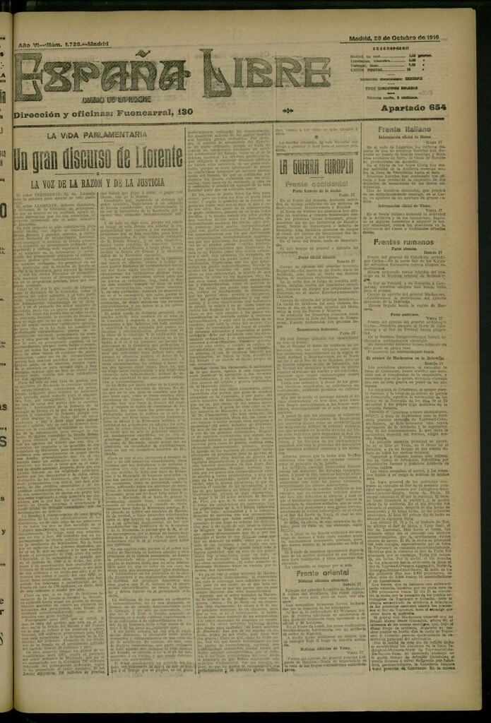 Miniatura de España Libre : Diario de la noche del 28 de octubre de 1916, nº 1728