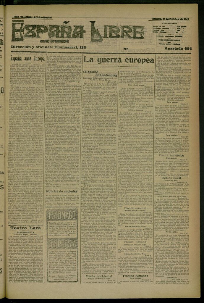 Miniatura de España Libre : Diario de la noche del 31 de octubre de 1916, nº 1730