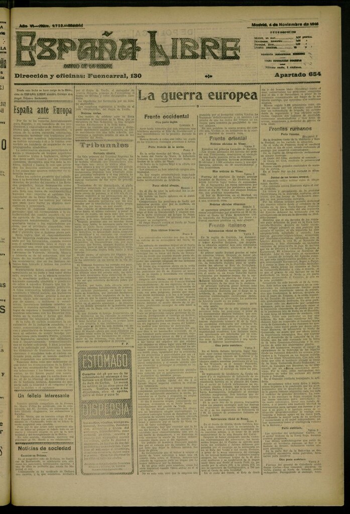Miniatura de España Libre : Diario de la noche del 4 de noviembre de 1916, nº 1732