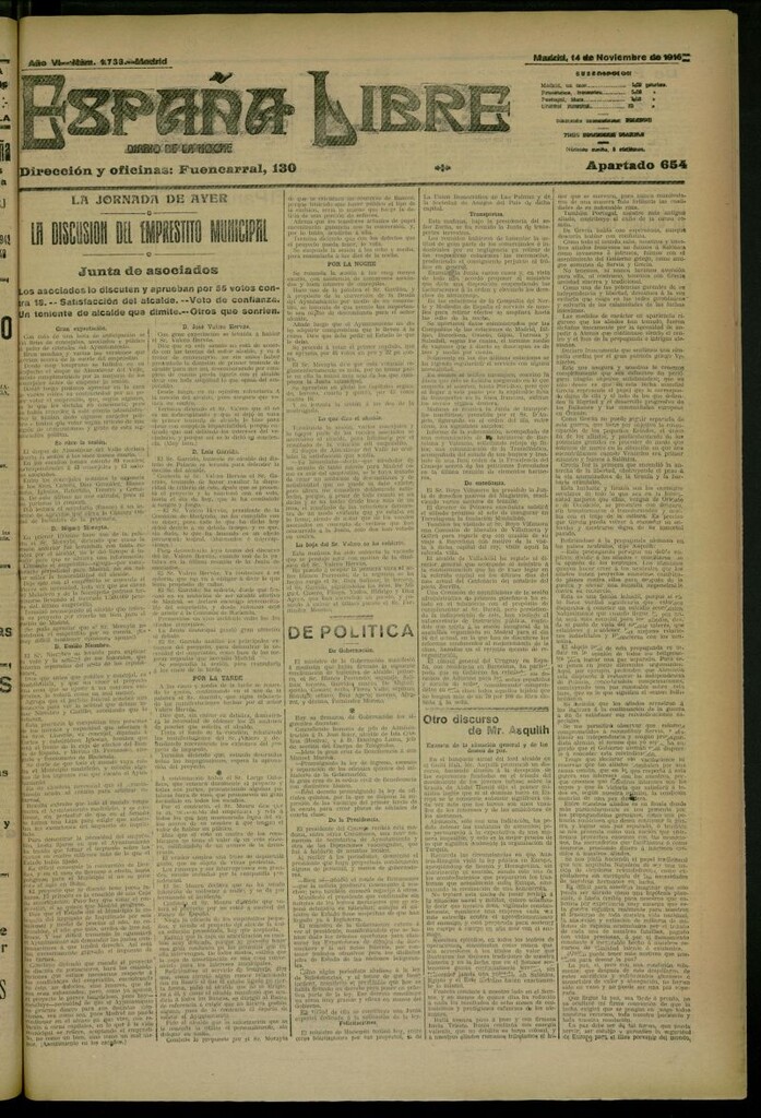 Miniatura de España Libre : Diario de la noche del 14 de noviembre de 1916, nº 1733