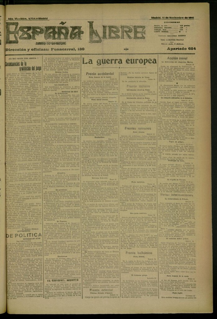 Miniatura de España Libre : Diario de la noche del 15 de noviembre de 1916, nº 1734