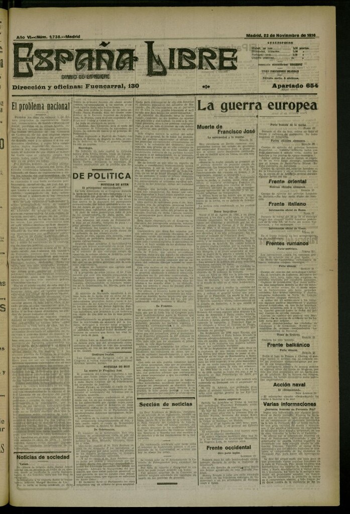 Miniatura de España Libre : Diario de la noche del 22 de noviembre de 1916, nº 1738