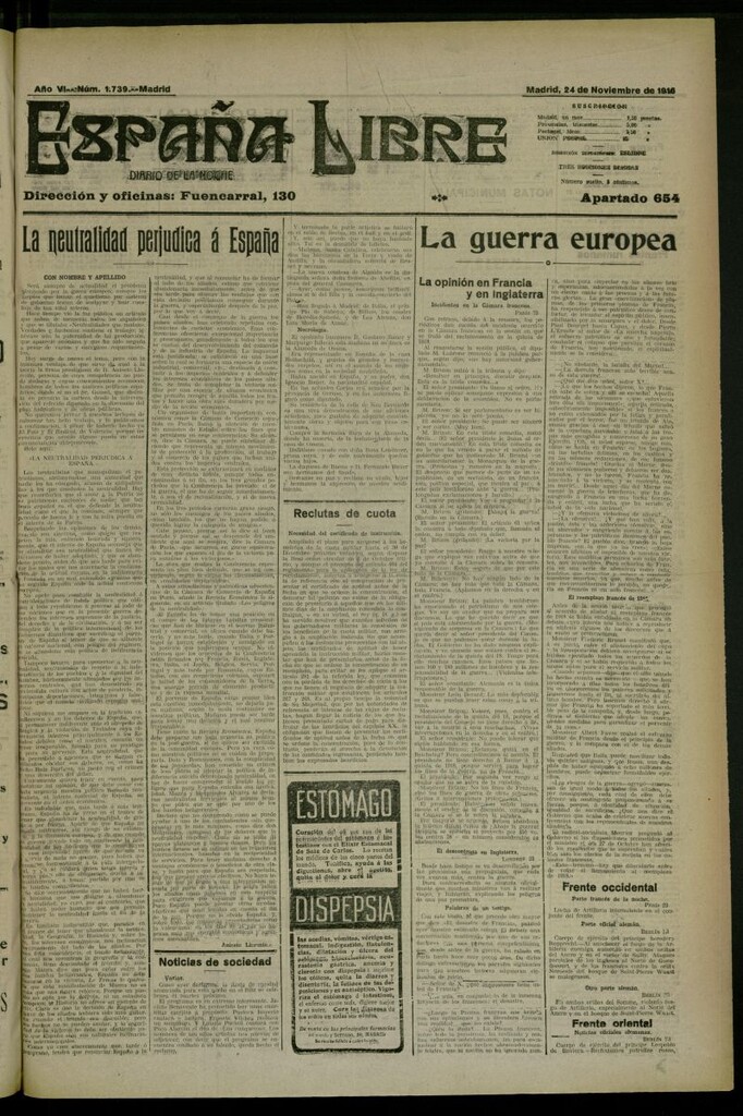 Miniatura de España Libre : Diario de la noche del 24 de noviembre de 1916, nº 1739
