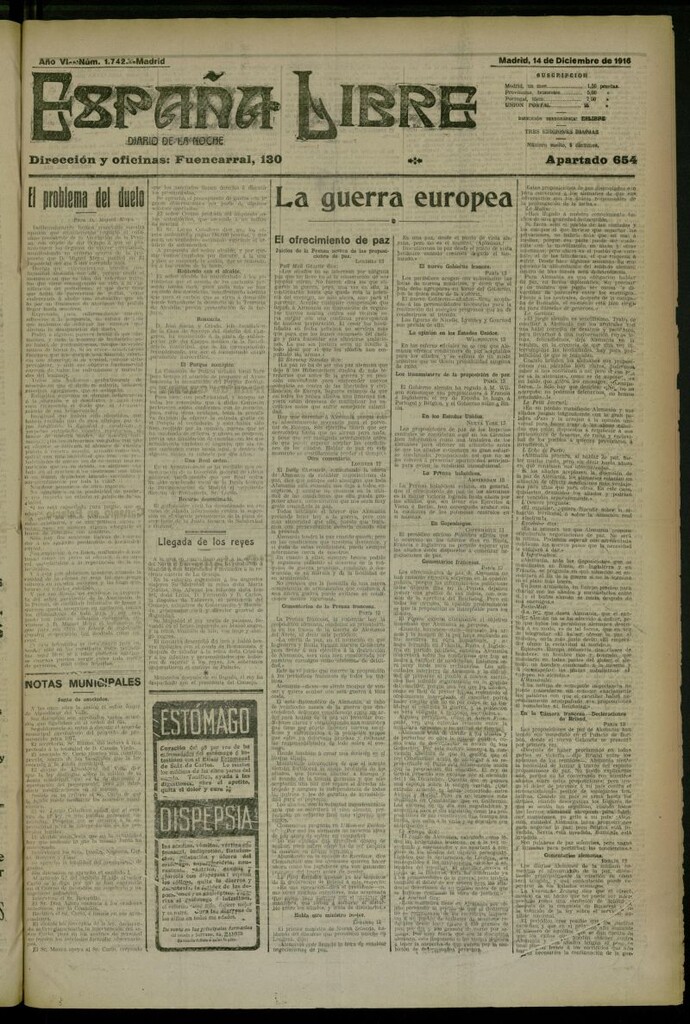 Miniatura de España Libre : Diario de la noche del 14 de diciembre de 1916, nº 1742
