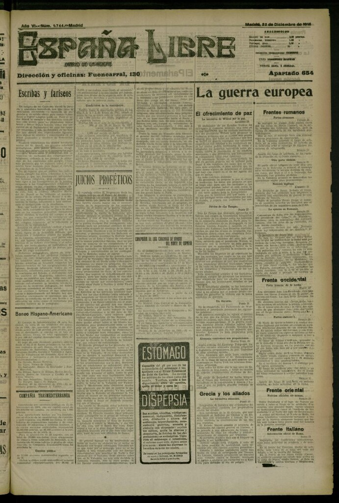 Miniatura de España Libre : Diario de la noche del 22 de diciembre de 1916, nº 1744