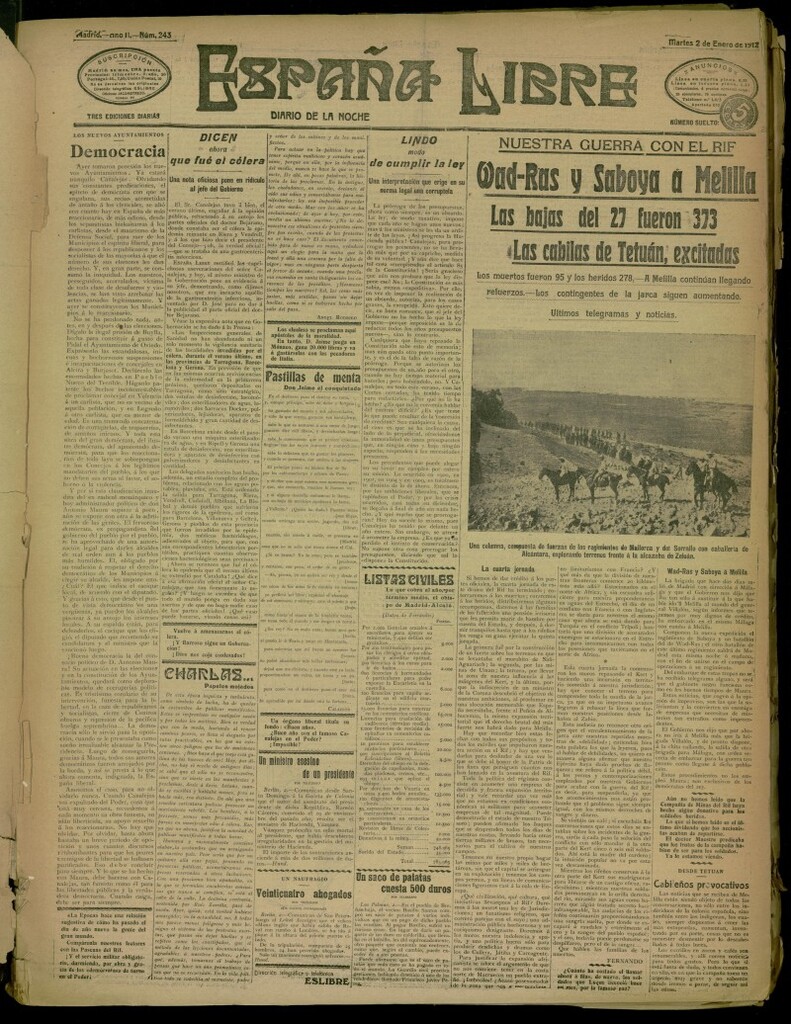 Miniatura de España Libre : Diario de la noche del 2 de enero de 1912, nº 243