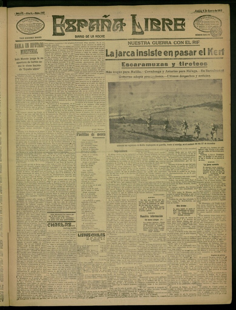 Miniatura de España Libre : Diario de la noche del 4 de enero de 1912, nº 245