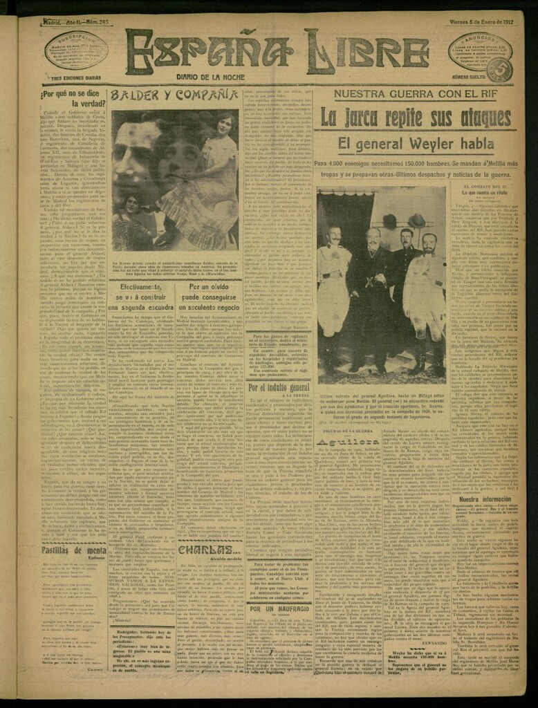 Miniatura de España Libre : Diario de la noche del 5 de enero de 1912, nº 245 [sic]