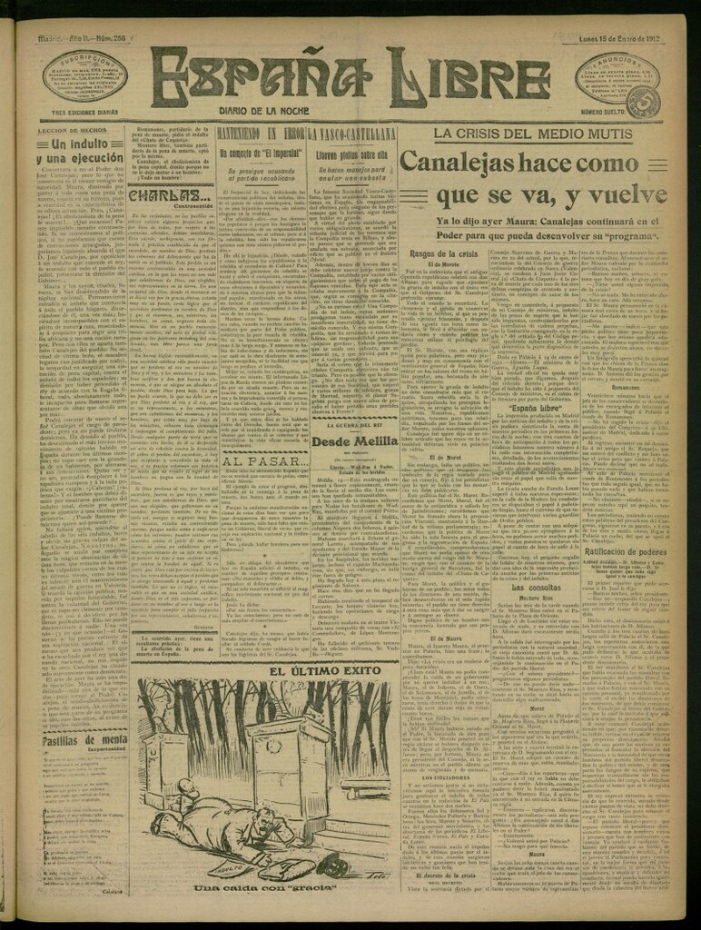 Miniatura de España Libre : Diario de la noche del 15 de enero de 1912, nº 256