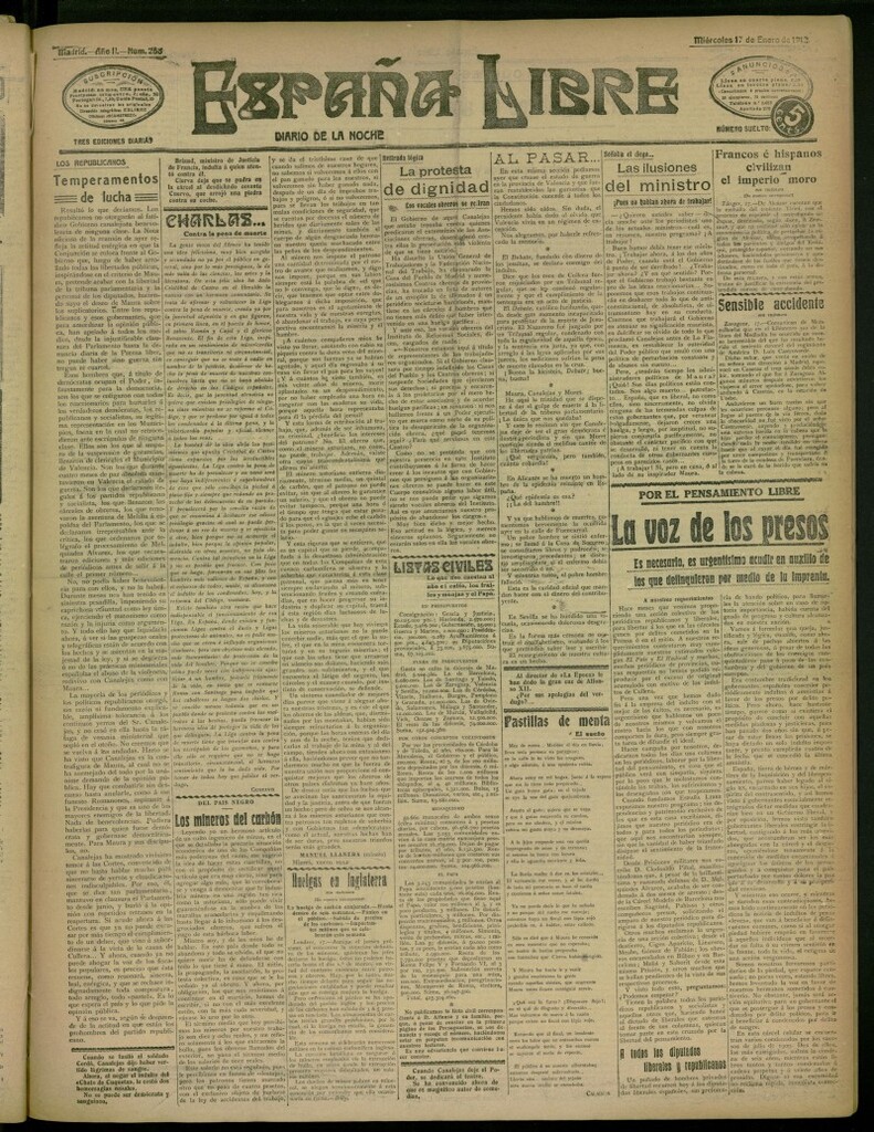 Miniatura de España Libre : Diario de la noche del 17 de enero de 1912, nº 258