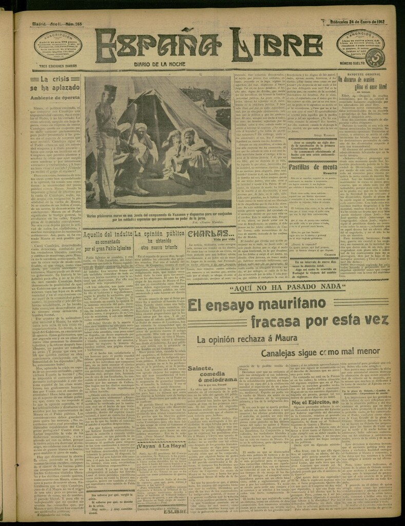 Miniatura de España Libre : Diario de la noche del 24 de enero de 1912, nº 265
