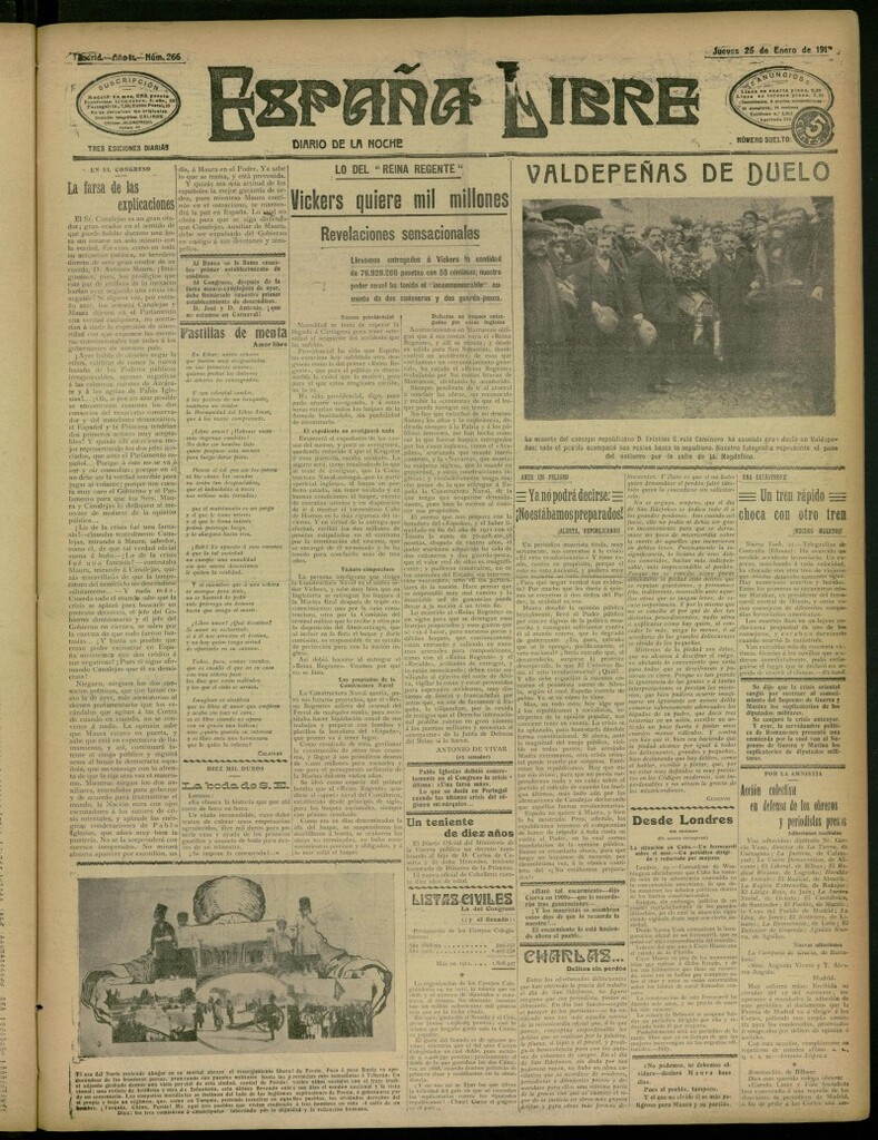 Miniatura de España Libre : Diario de la noche del 25 de enero de 1912, nº 266
