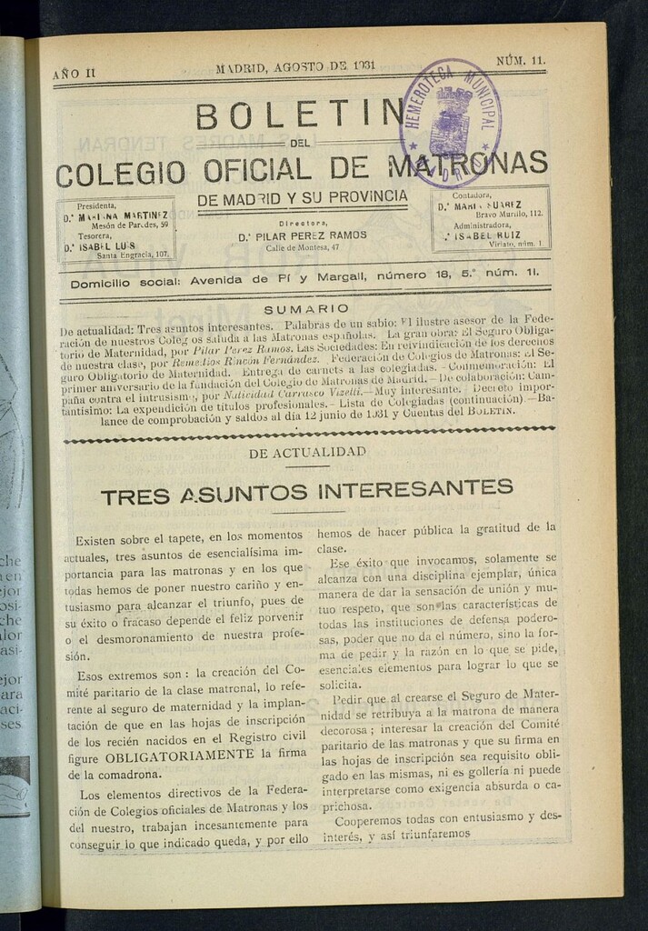 Miniatura de Boletín del Colegio Oficial de Matronas de Madrid y su Provincia de agosto de 1931