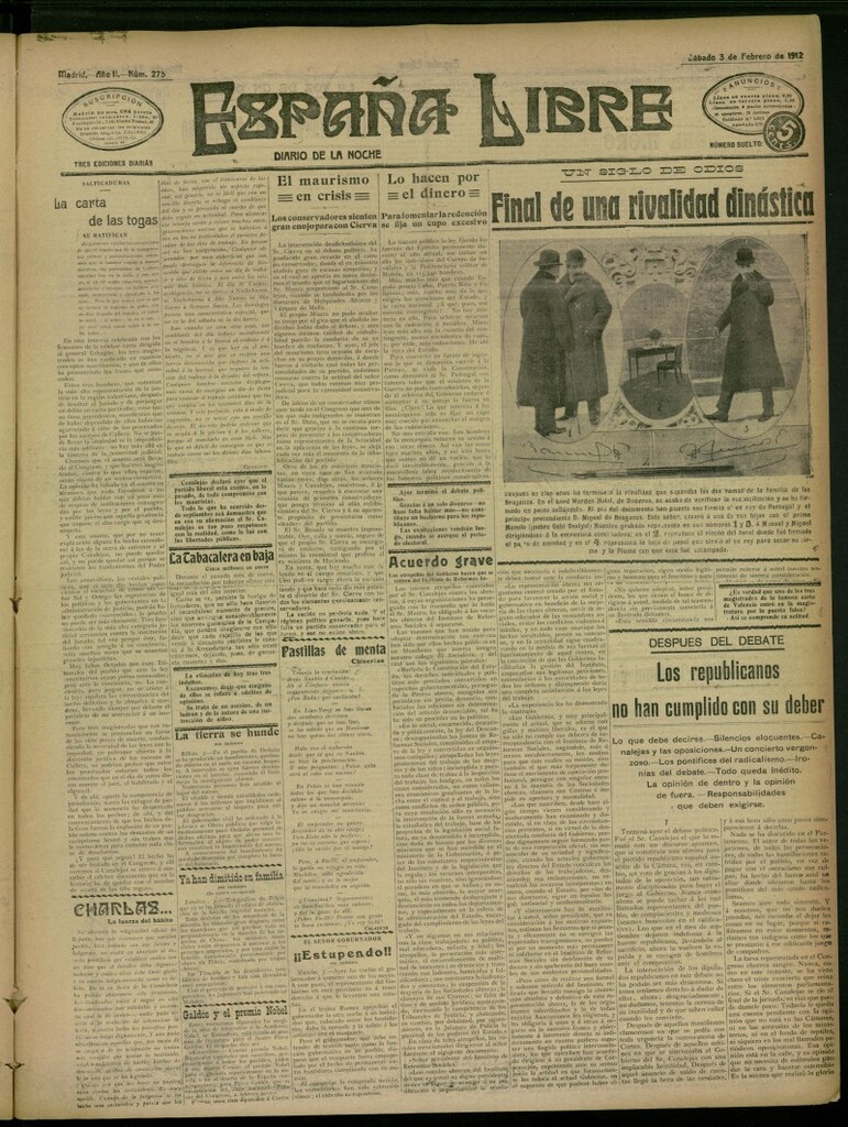 Miniatura de España Libre : Diario de la noche del 3 de febrero de 1912, nº 275
