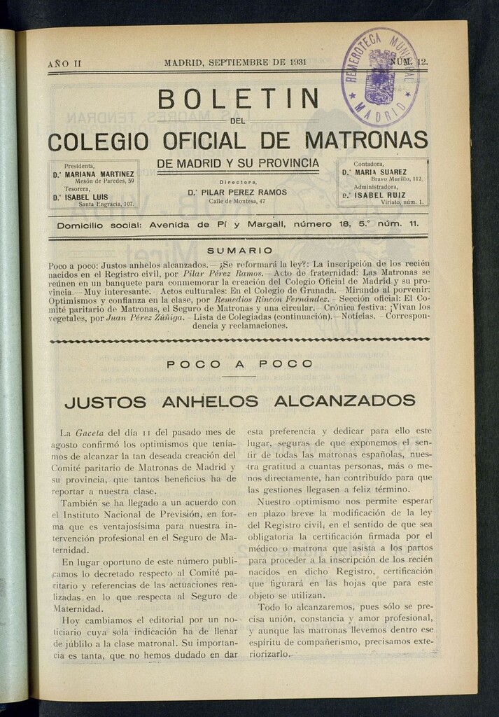 Miniatura de Boletín del Colegio Oficial de Matronas de Madrid y su Provincia de septiembre de 1931
