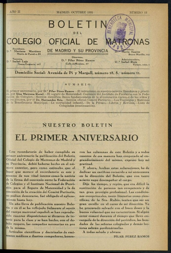 Miniatura de Boletín del Colegio Oficial de Matronas de Madrid y su Provincia de octubre de 1931
