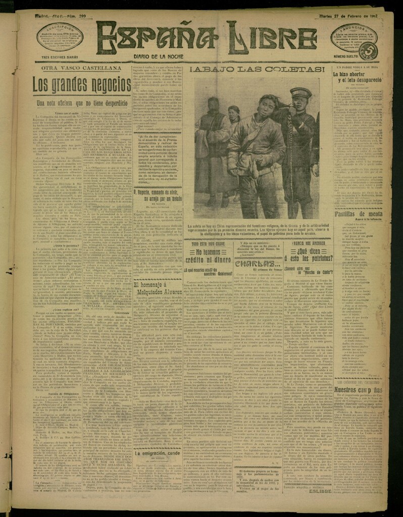 Miniatura de España Libre : Diario de la noche del 27 de febrero de 1912, nº 299