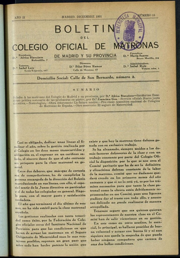Miniatura de Boletín del Colegio Oficial de Matronas de Madrid y su Provincia de diciembre de 1931