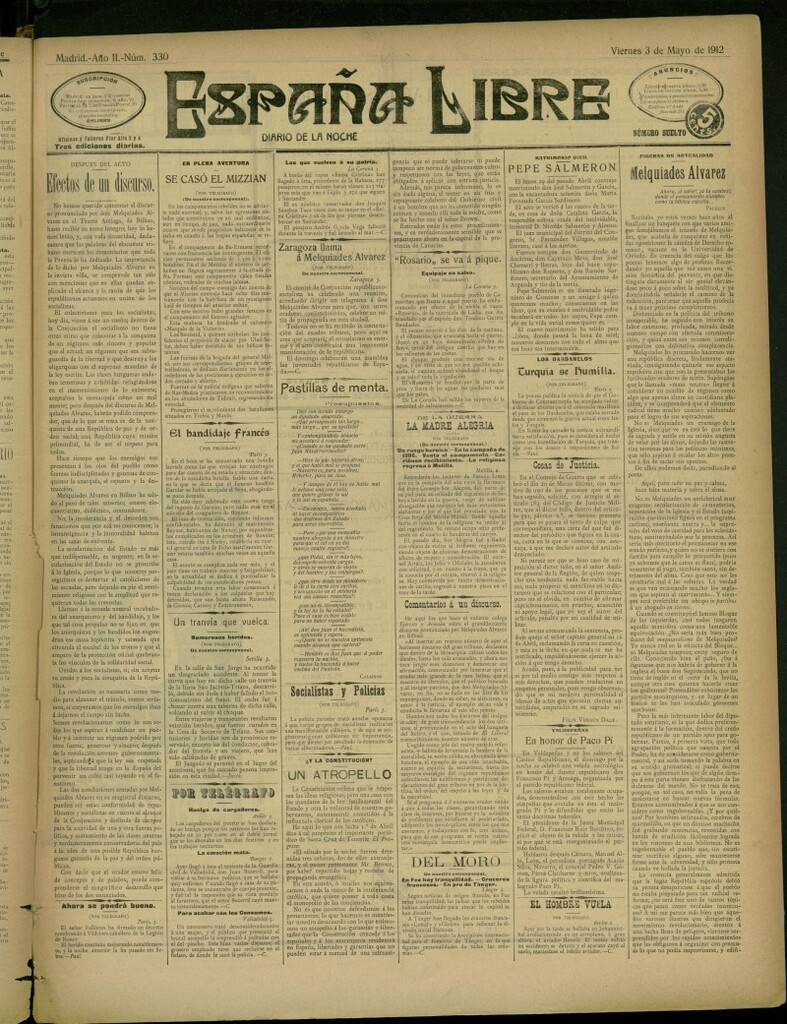 Miniatura de España Libre : Diario de la noche del 3 de mayo de 1912, nº 330