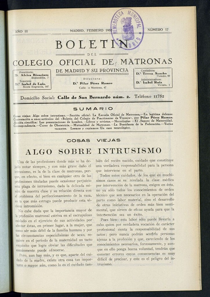 Miniatura de Boletín del Colegio Oficial de Matronas de Madrid y su Provincia de febrero de 1932