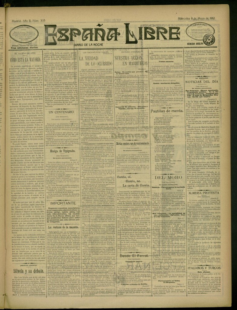 Miniatura de España Libre : Diario de la noche del 8 de mayo de 1912, nº 335