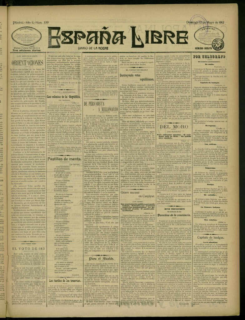 Miniatura de España Libre : Diario de la noche del 12 de mayo de 1912, nº 339