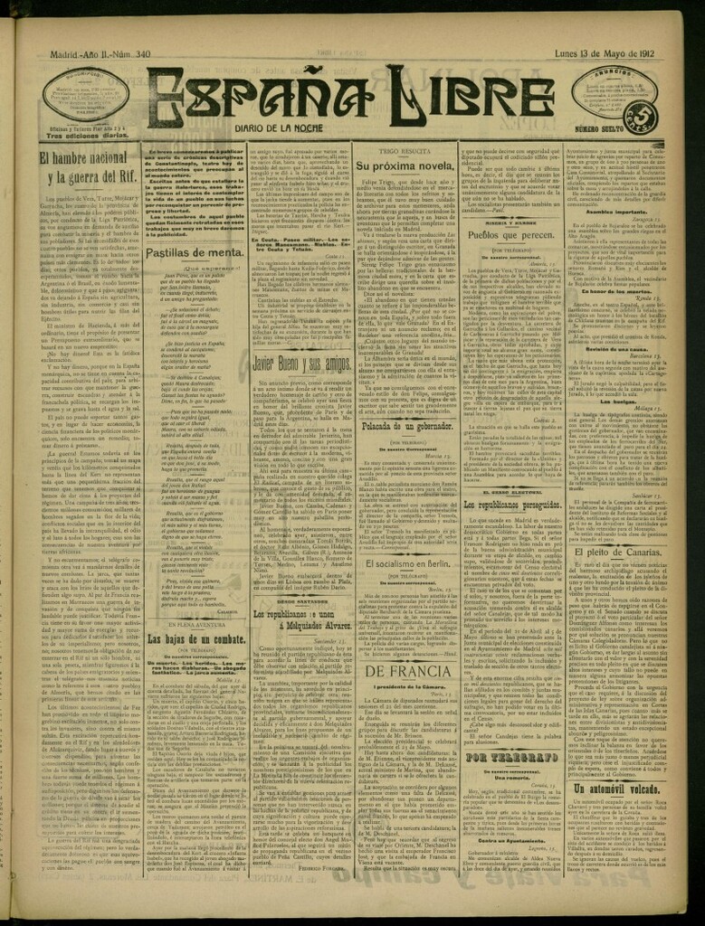 Miniatura de España Libre : Diario de la noche del 13 de mayo de 1912, nº 340
