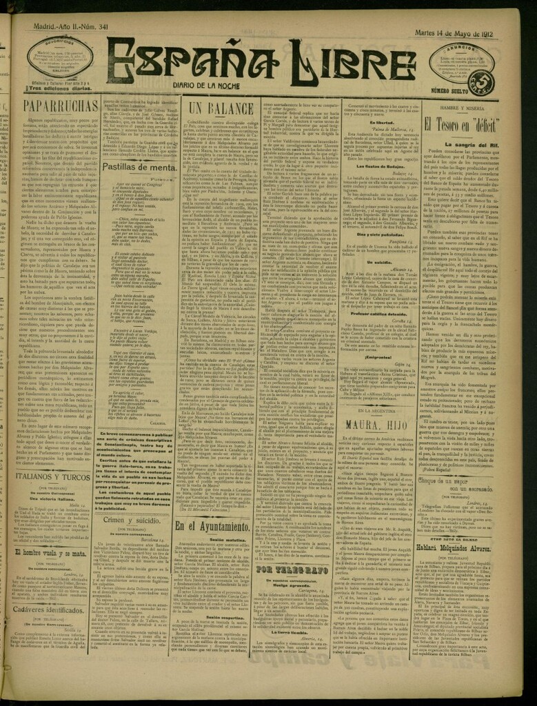 Miniatura de España Libre : Diario de la noche del 14 de mayo de 1912, nº 341