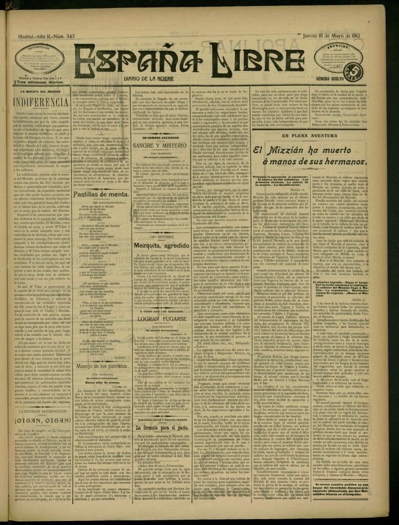 Miniatura de España Libre : Diario de la noche del 16 de mayo de 1912, nº 343