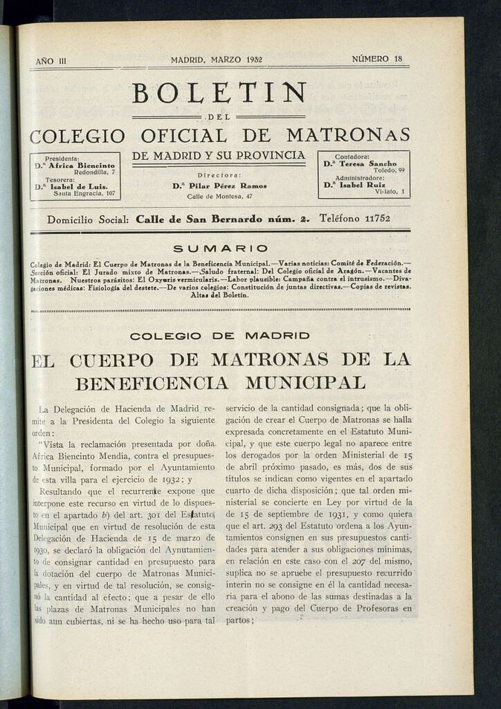 Miniatura de Boletín del Colegio Oficial de Matronas de Madrid y su Provincia de marzo de 1932