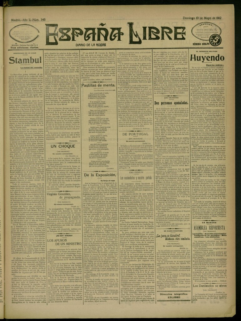 Miniatura de España Libre : Diario de la noche del 19 de mayo de 1912, nº 346