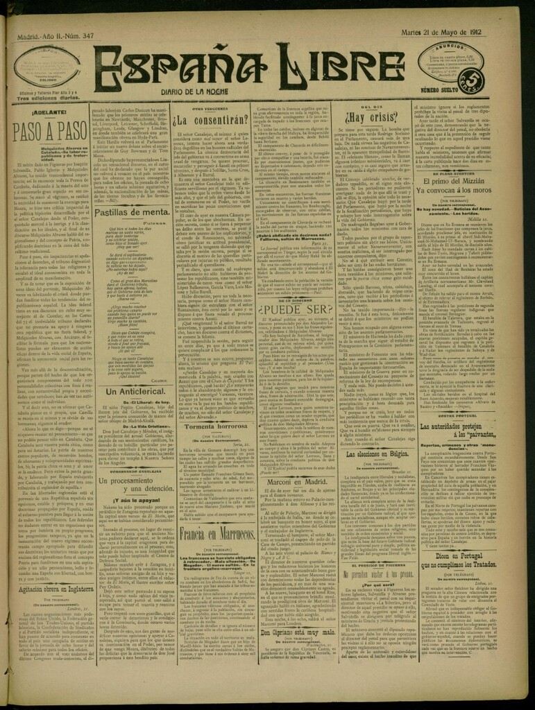 Miniatura de España Libre : Diario de la noche del 21 de mayo de 1912, nº 347