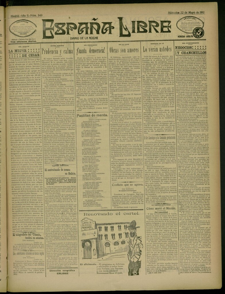 Miniatura de España Libre : Diario de la noche del 22 de mayo de 1912, nº 349