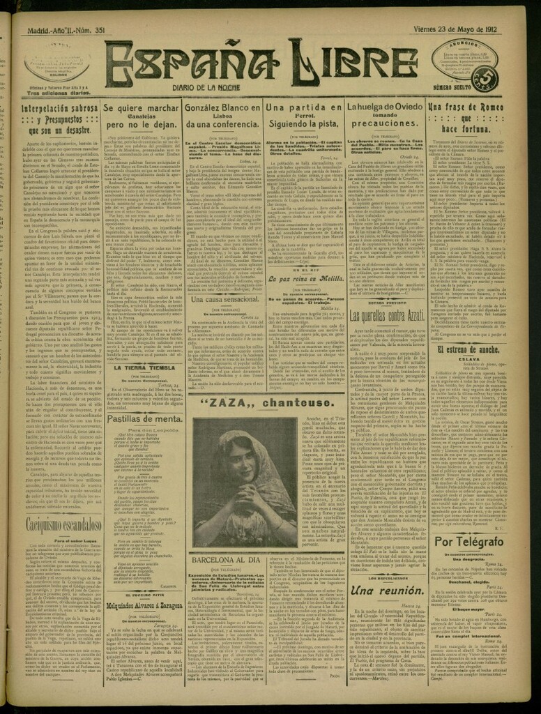 Miniatura de España Libre : Diario de la noche del 23 de mayo de 1912, nº 351 [sic]