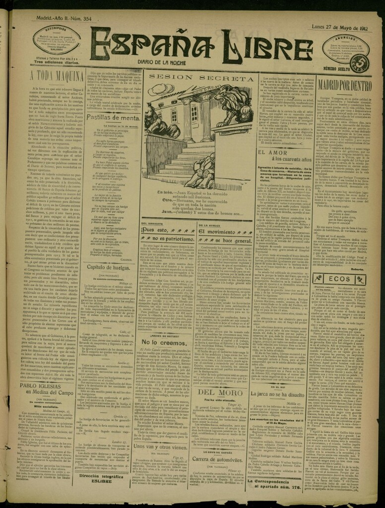 Miniatura de España Libre : Diario de la noche del 27 de mayo de 1912, nº 354