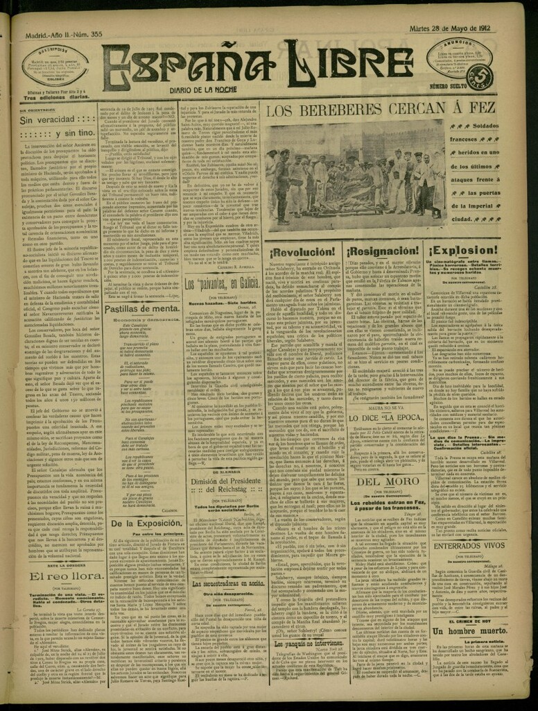 Miniatura de España Libre : Diario de la noche del 28 de mayo de 1912, nº 355