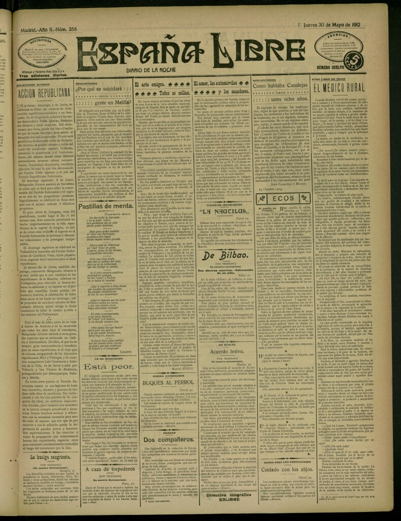 Miniatura de España Libre : Diario de la noche del 30 de mayo de 1912, nº 358