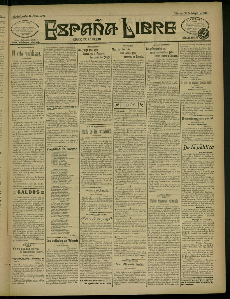 Miniatura de España Libre : Diario de la noche del 31 de mayo de 1912, nº 359