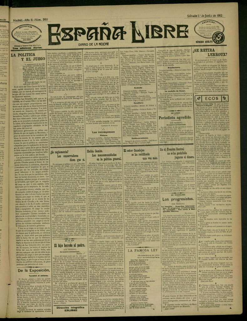 Miniatura de España Libre : Diario de la noche del 1 de junio de 1912, nº 360